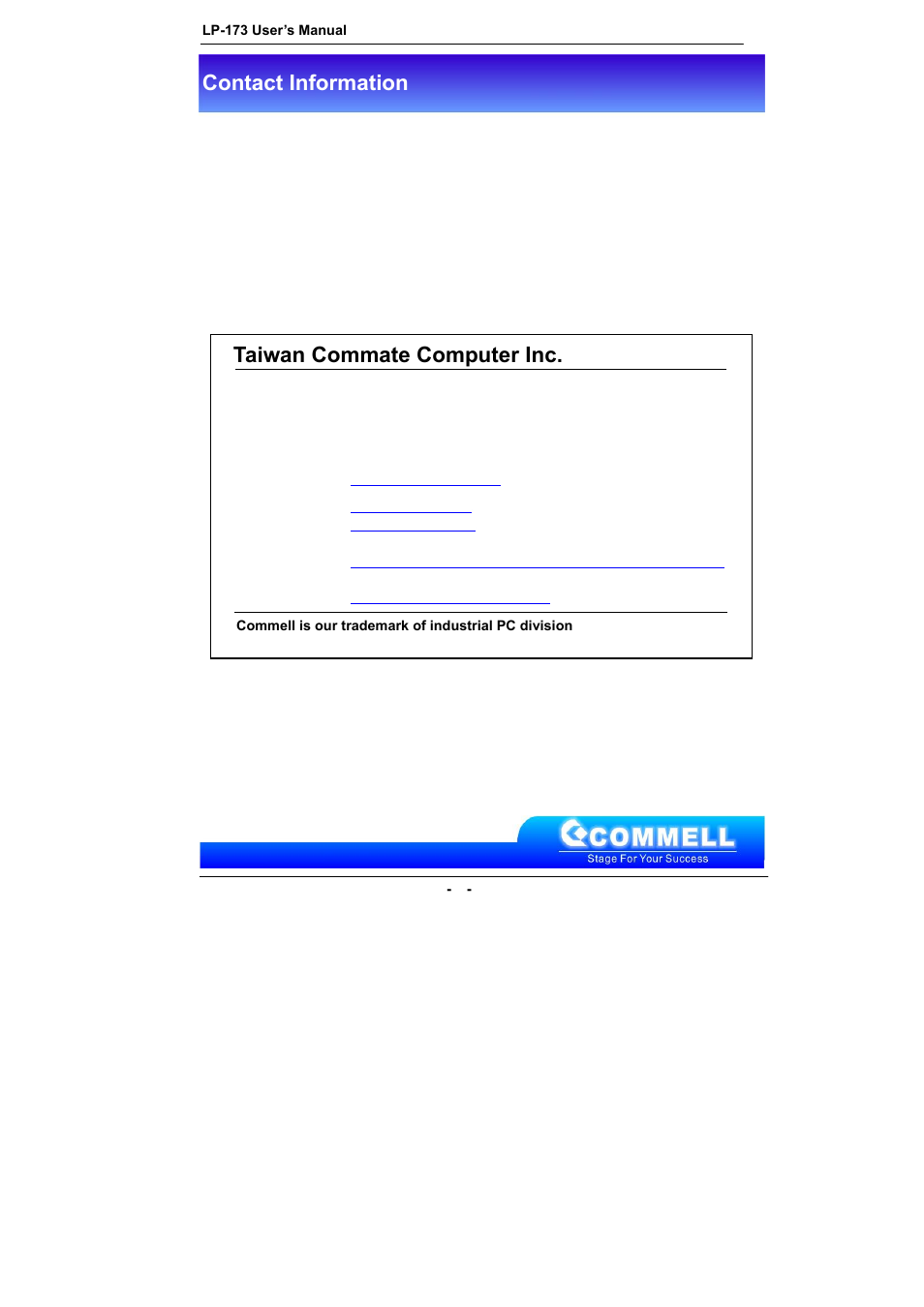Contact information, Taiwan commate computer inc | COMMELL LP-173 User Manual | Page 34 / 34