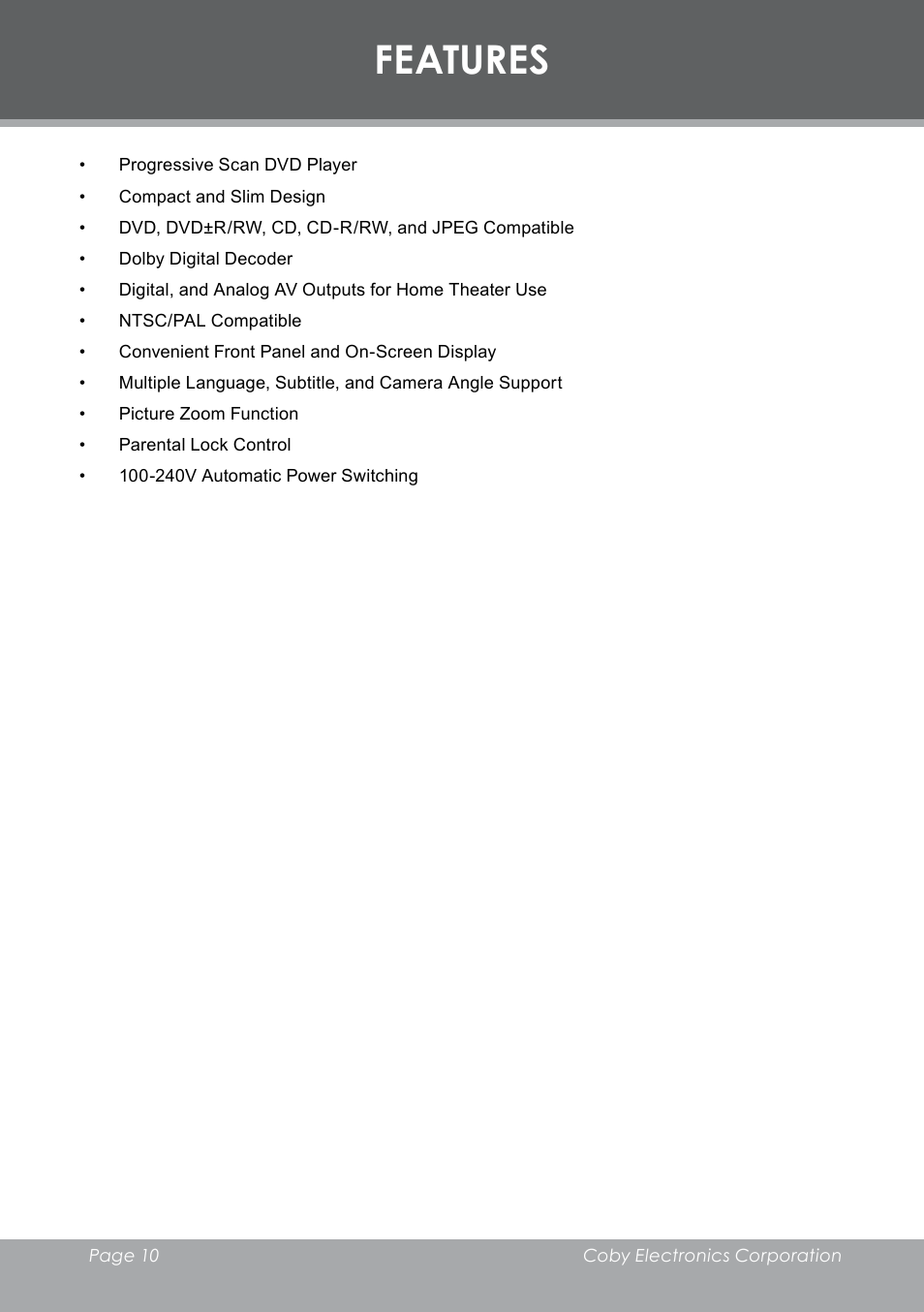 Features | COBY electronic DVD-298 User Manual | Page 10 / 30