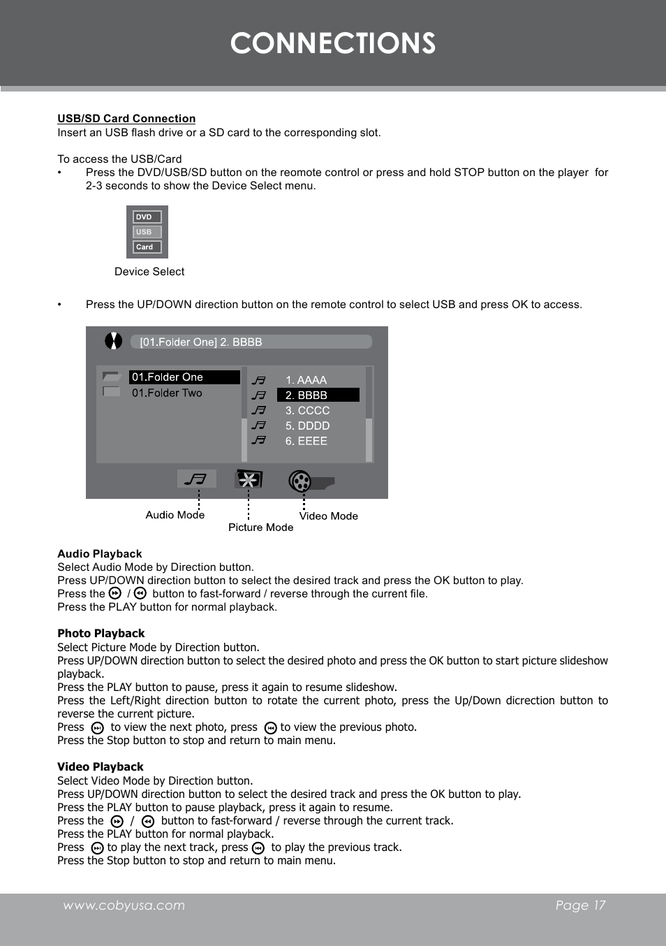 Connections | COBY electronic DVD-298 User Manual | Page 17 / 30