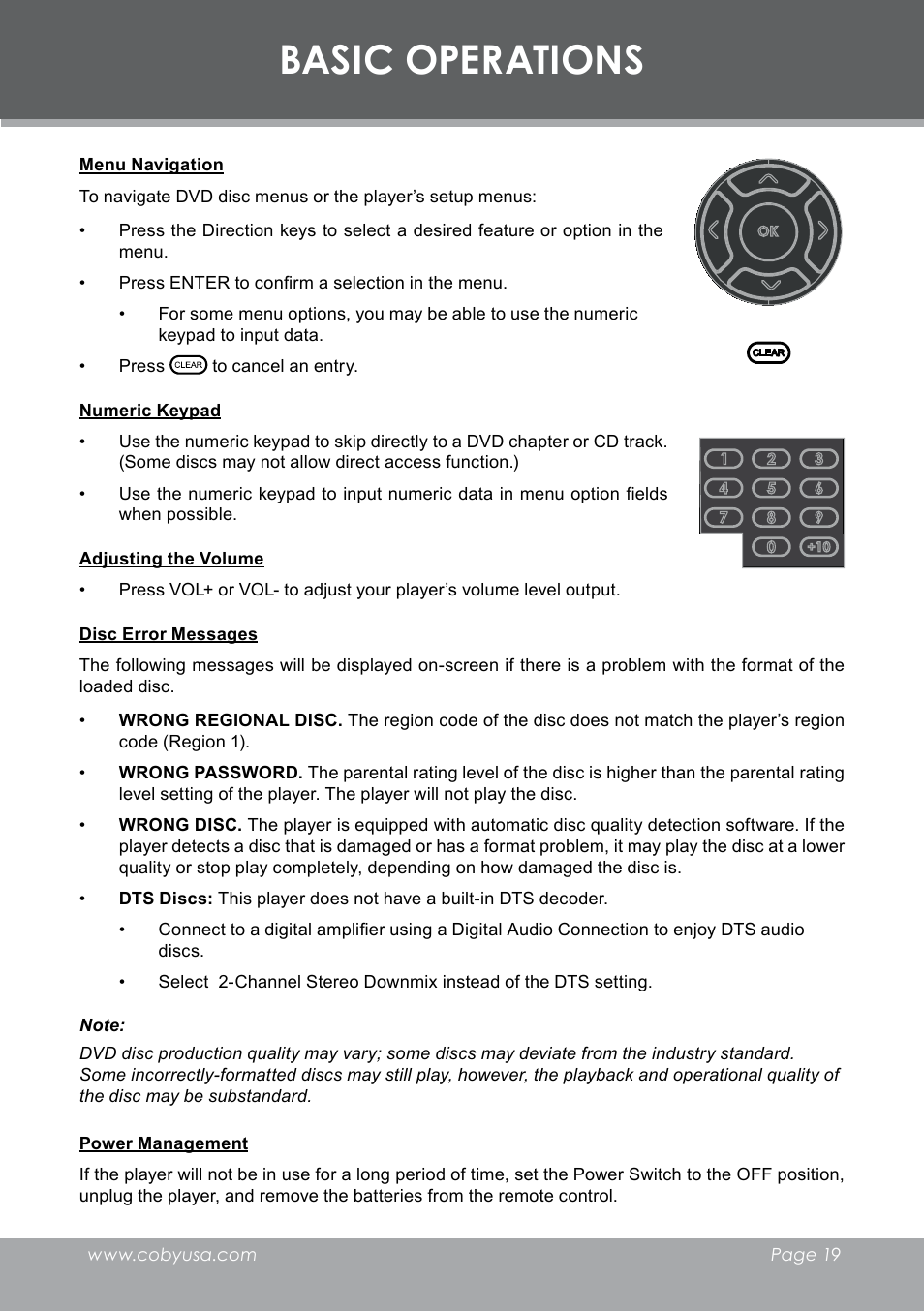 Basic operations | COBY electronic DVD-298 User Manual | Page 19 / 30