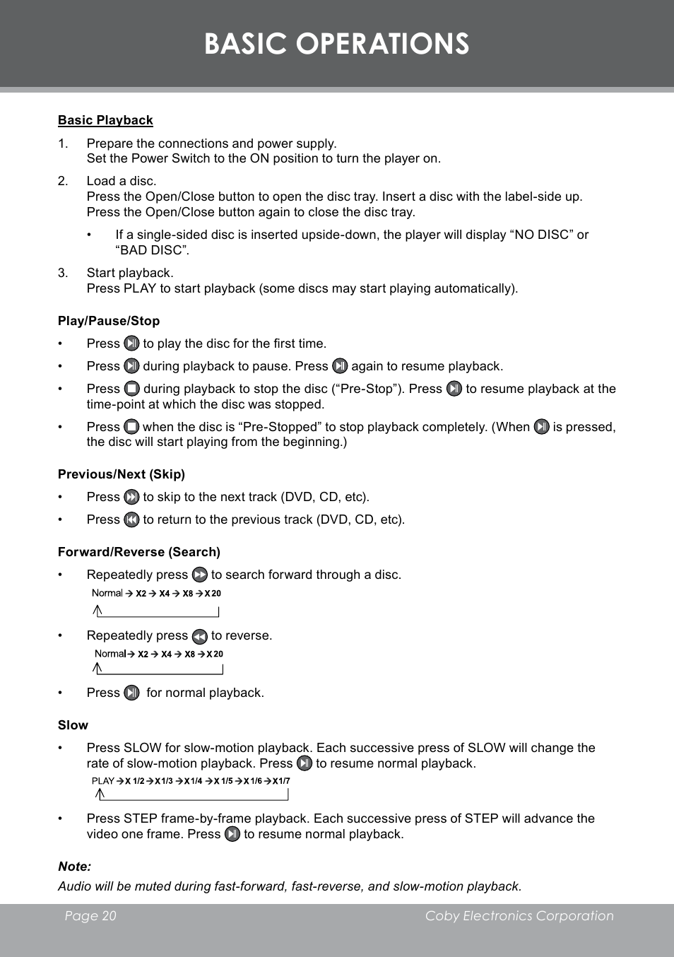 Basic operations | COBY electronic DVD-298 User Manual | Page 20 / 30