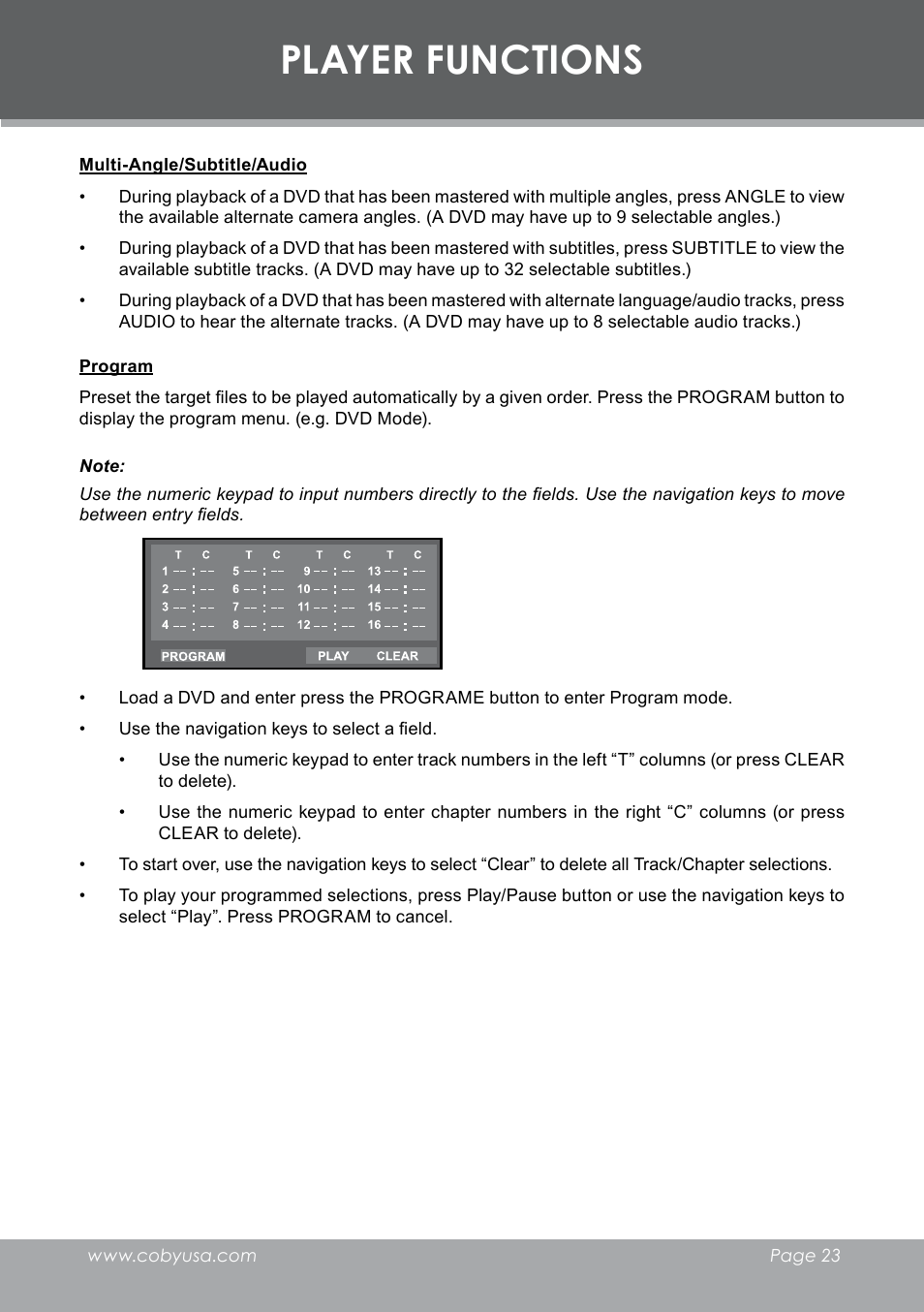 Player functions | COBY electronic DVD-298 User Manual | Page 23 / 30