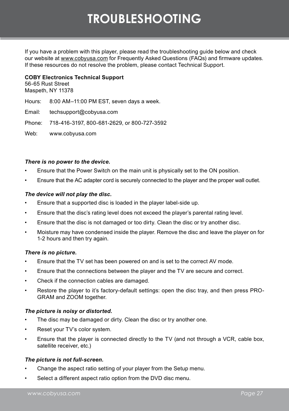 Troubleshooting | COBY electronic DVD-298 User Manual | Page 27 / 30