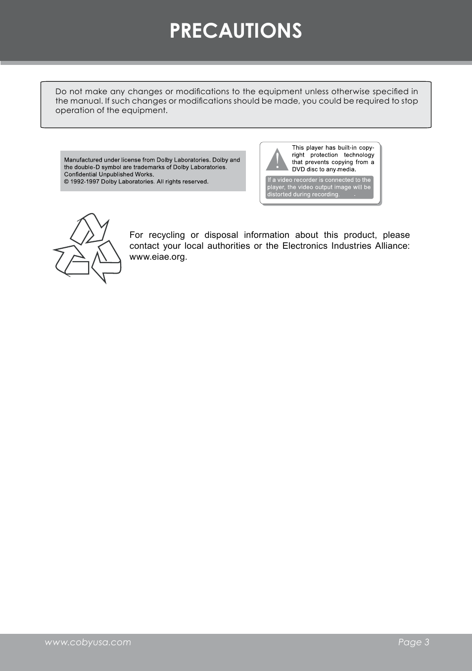 Precautions | COBY electronic DVD-298 User Manual | Page 3 / 30
