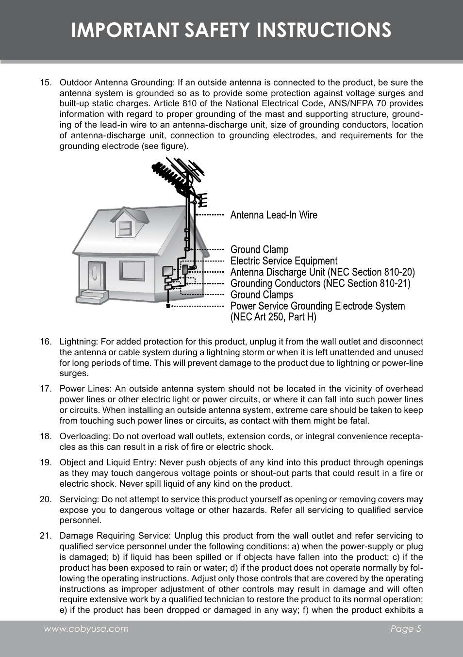 Important safety instructions | COBY electronic DVD-298 User Manual | Page 5 / 30