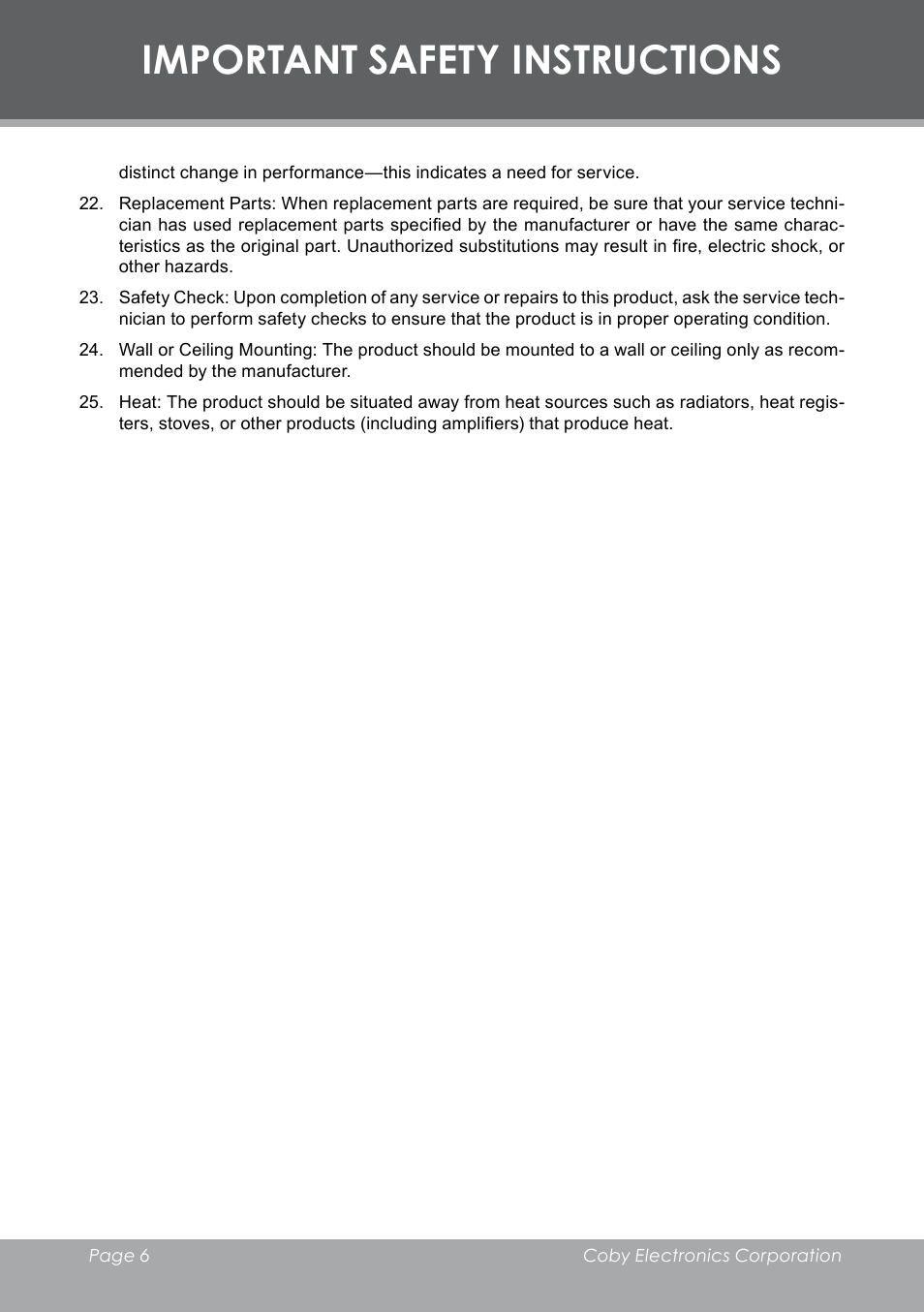 Important safety instructions | COBY electronic DVD-298 User Manual | Page 6 / 30