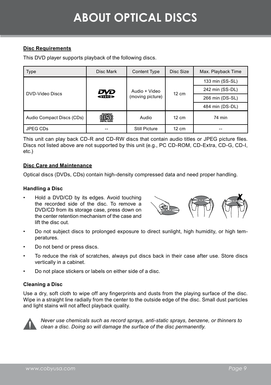About optical discs | COBY electronic DVD-298 User Manual | Page 9 / 30
