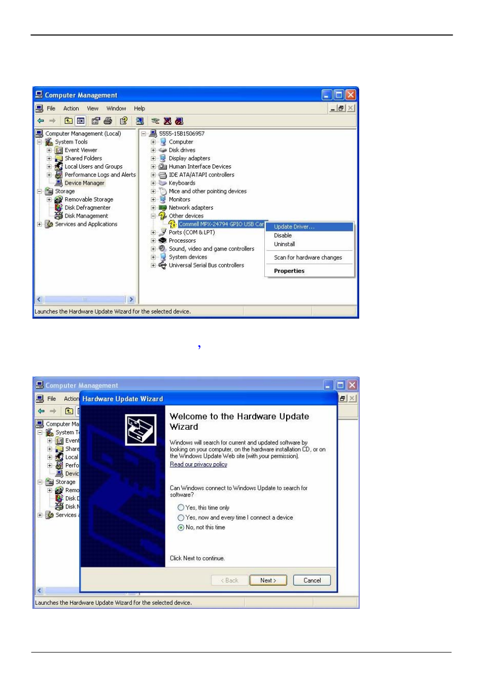 Please choose update driver, Please choose no ， not this time press next | COMMELL MPX-24794G User Manual | Page 8 / 11