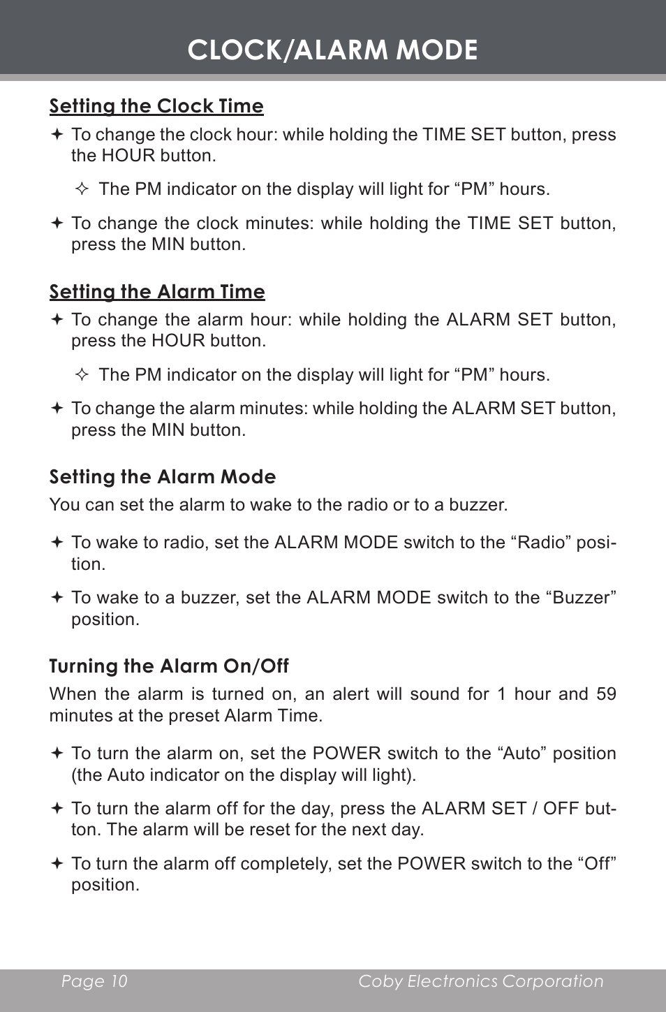 Clock/alarm mode, Setting the clock time, Setting the alarm time | Setting the alarm mode, Turning the alarm on/off | COBY electronic CR-A129 User Manual | Page 10 / 16