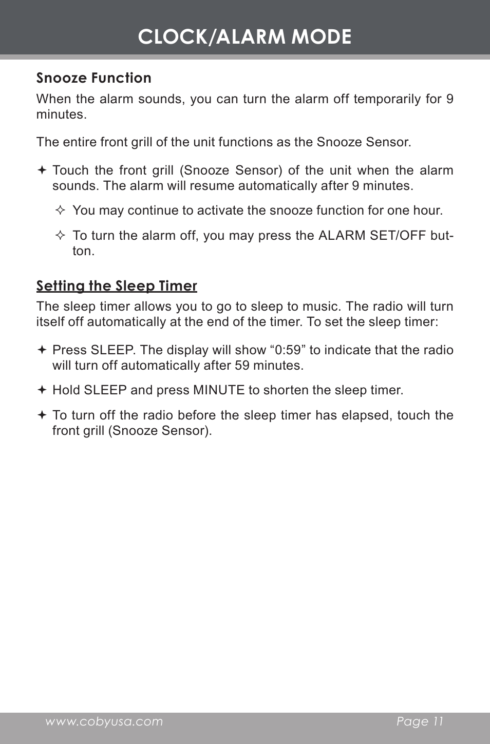 Snooze function, Setting the sleep timer, Clock/alarm mode | COBY electronic CR-A129 User Manual | Page 11 / 16