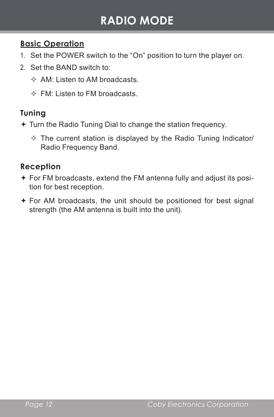 Radio mode, Basic operation, Tuning | Reception | COBY electronic CR-A129 User Manual | Page 12 / 16