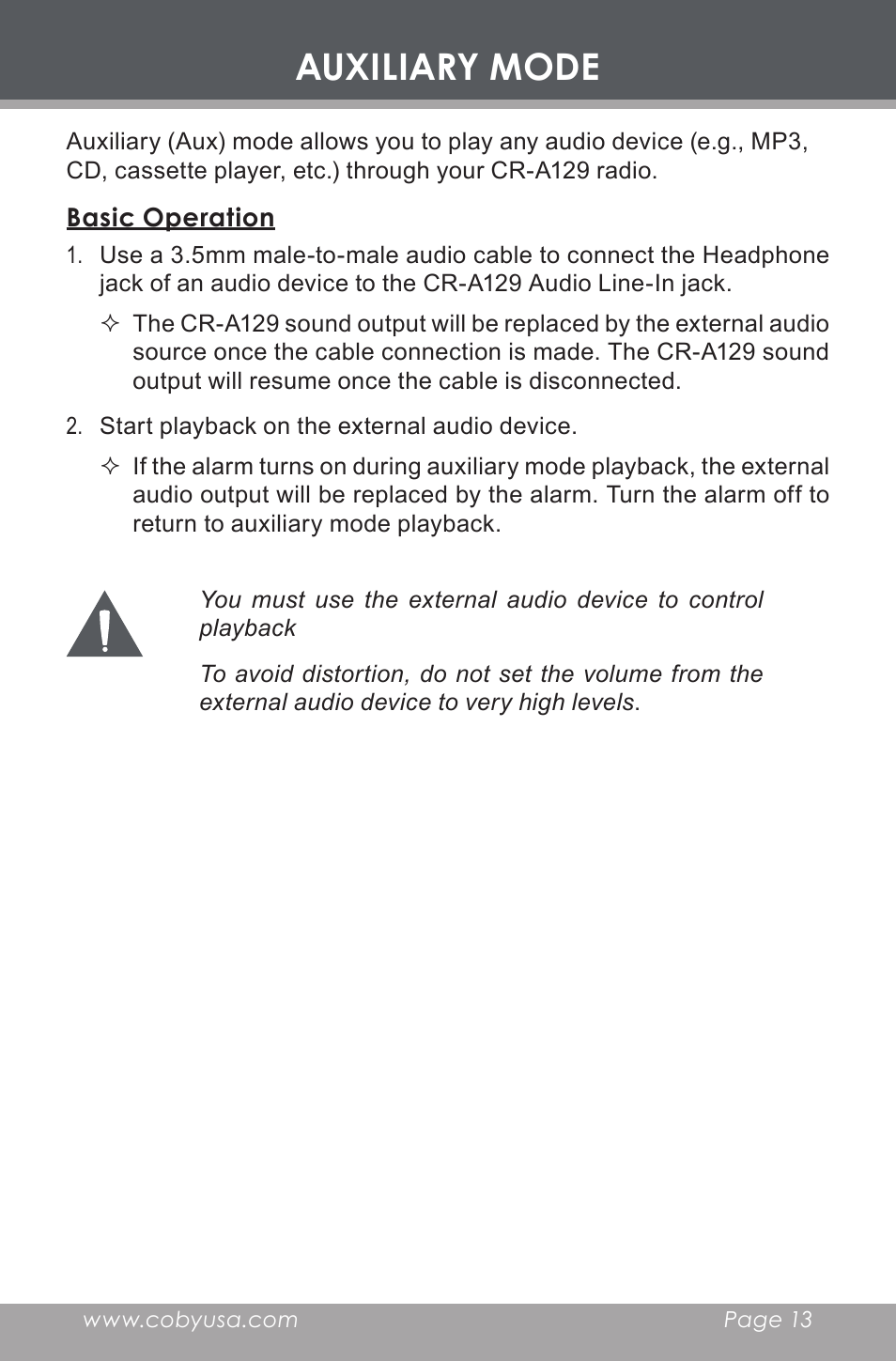 Auxiliary mode, Basic operation | COBY electronic CR-A129 User Manual | Page 13 / 16