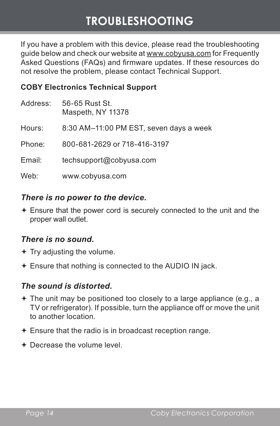 Troubleshooting | COBY electronic CR-A129 User Manual | Page 14 / 16