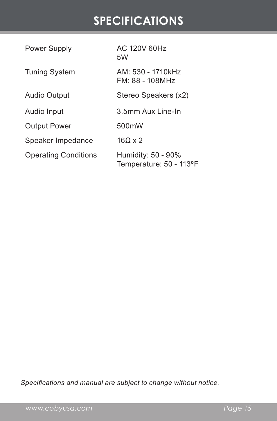 Specifications | COBY electronic CR-A129 User Manual | Page 15 / 16