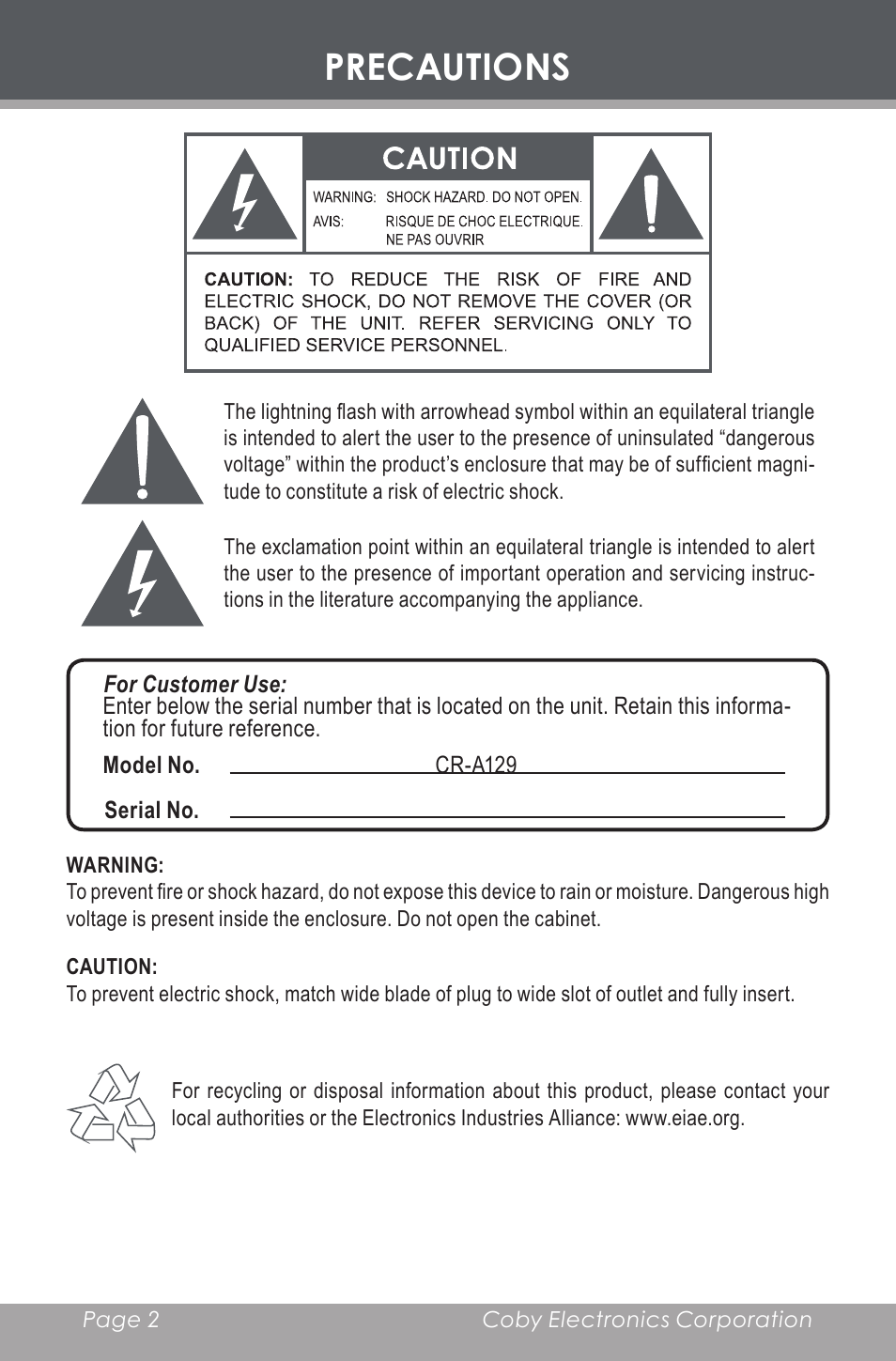 Precautions | COBY electronic CR-A129 User Manual | Page 2 / 16