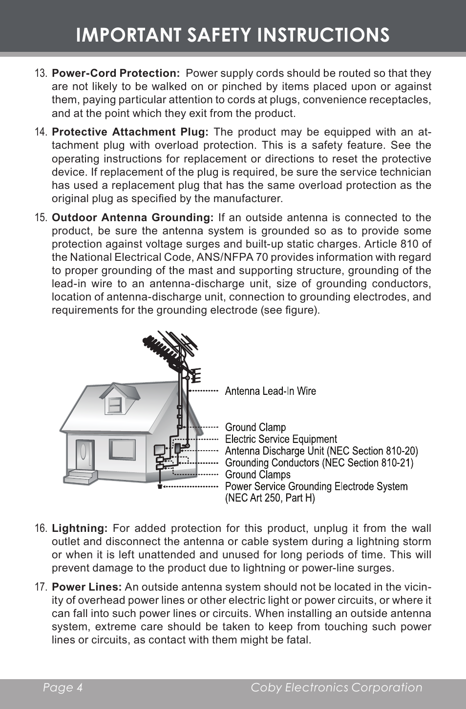 Important safety instructions | COBY electronic CR-A129 User Manual | Page 4 / 16