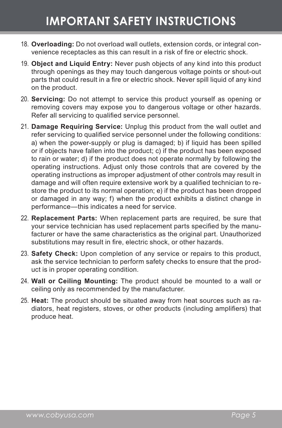Important safety instructions | COBY electronic CR-A129 User Manual | Page 5 / 16
