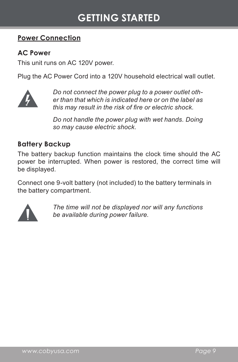 Power connection, Ac power, Battery backup | Getting started | COBY electronic CR-A129 User Manual | Page 9 / 16