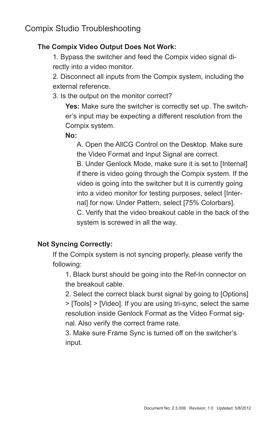 Compix studio troubleshooting | Compix Analog User Manual | Page 13 / 16
