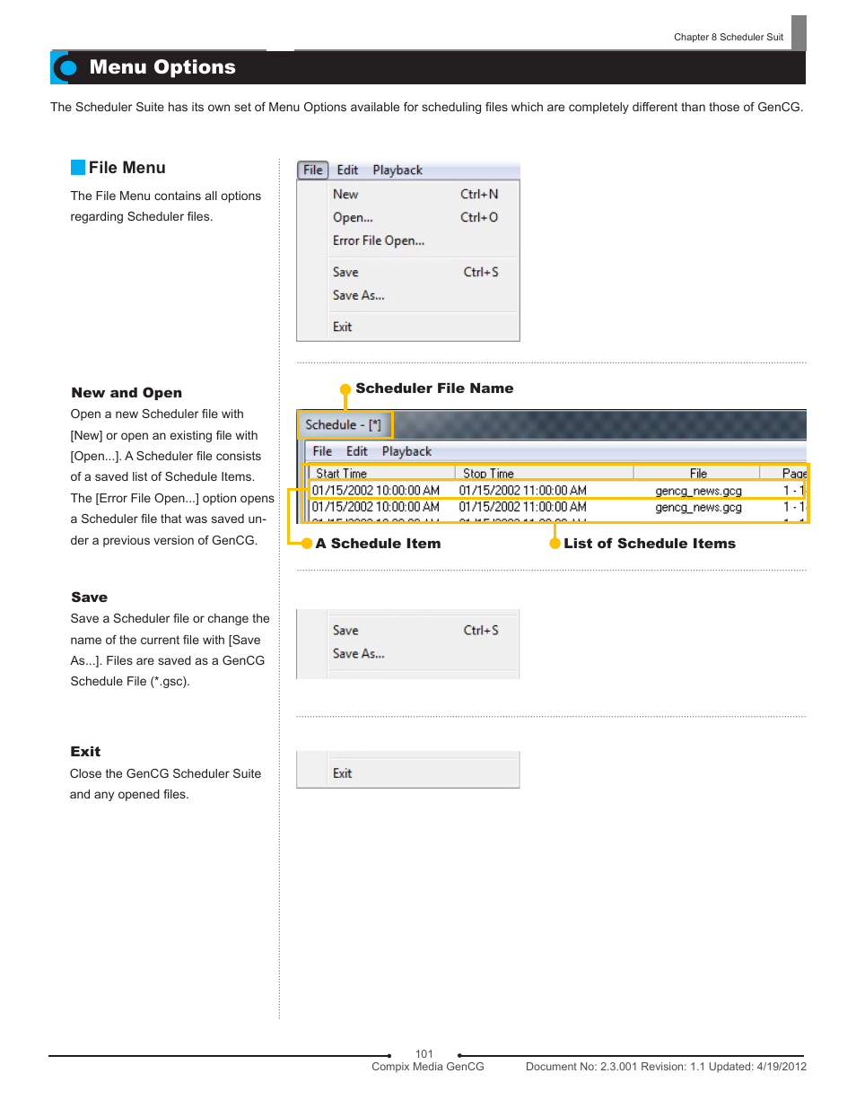 Menu options, File menu | Compix GenCG 5.5 User Manual | Page 101 / 109