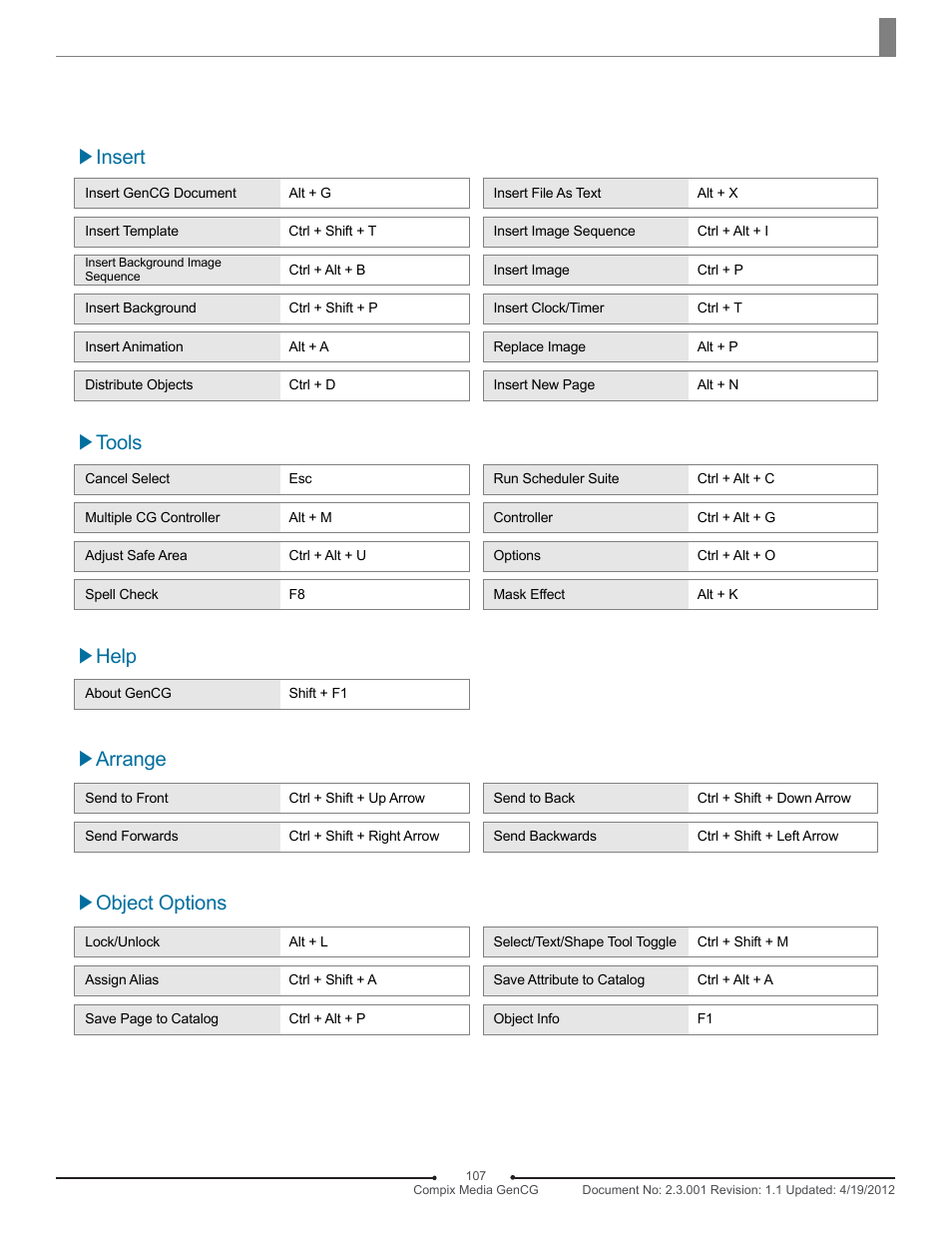 Help, Object options, Tools | Insert, Arrange | Compix GenCG 5.5 User Manual | Page 107 / 109