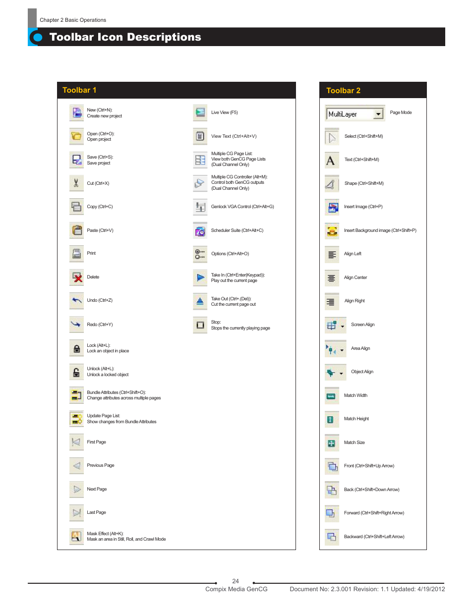 Toolbar icon descriptions, Toolbar 1, Toolbar 2 | Compix GenCG 5.5 User Manual | Page 24 / 109