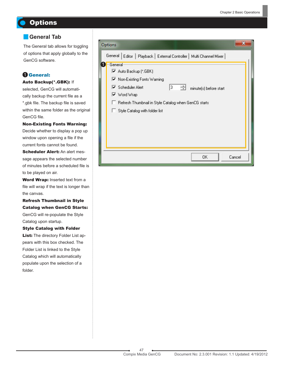 Options, General tab | Compix GenCG 5.5 User Manual | Page 47 / 109
