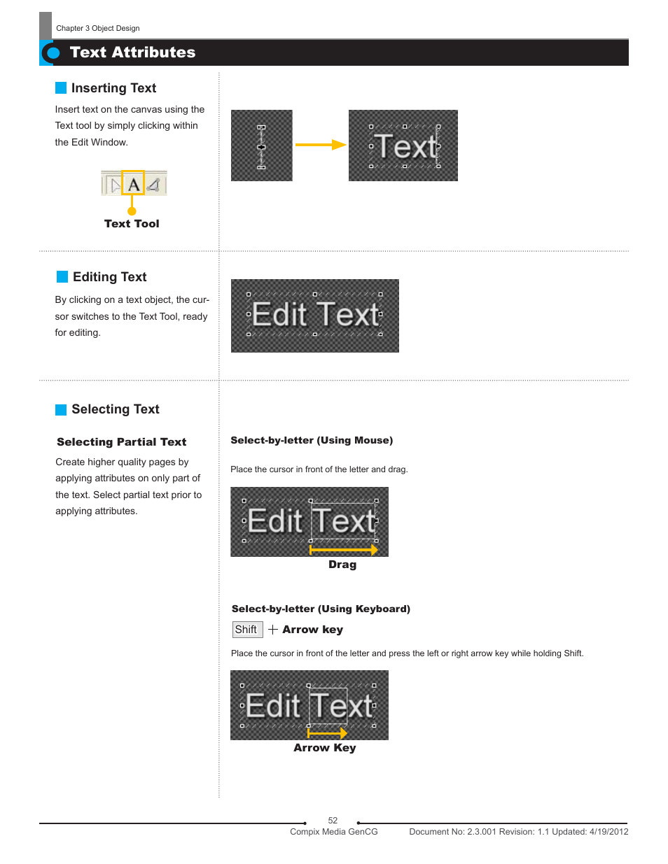 Text attributes, Inserting text, Editing text selecting text | Compix GenCG 5.5 User Manual | Page 52 / 109