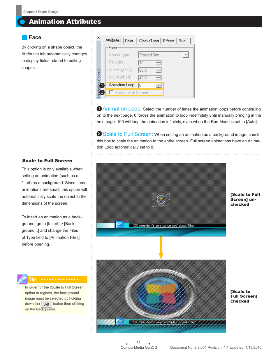 Animation attributes, Face animation loop, Scale to full screen | Compix GenCG 5.5 User Manual | Page 62 / 109