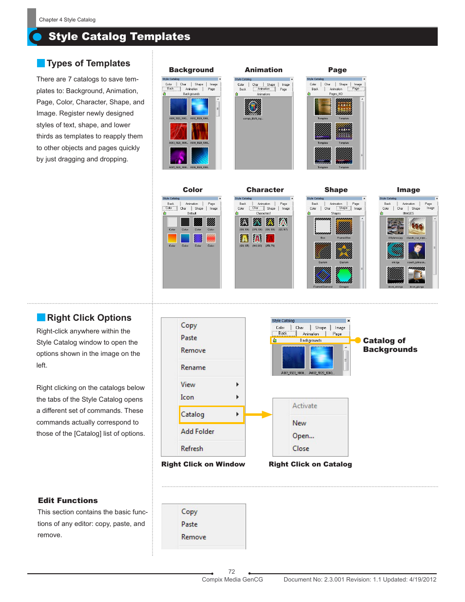 Style catalog templates, Right click options, Types of templates | Compix GenCG 5.5 User Manual | Page 72 / 109