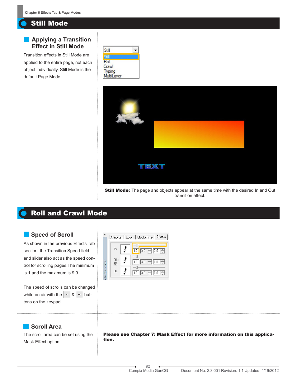 Still mode, Roll and crawl mode, Still mode roll and crawl mode | Compix GenCG 5.5 User Manual | Page 92 / 109