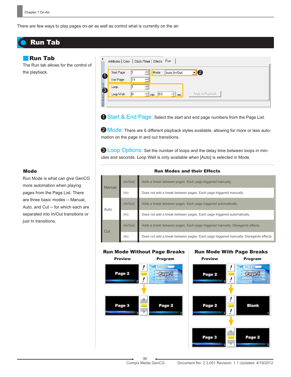 Run tab, Start & end page, Mode | Loop options | Compix GenCG 5.5 User Manual | Page 96 / 109