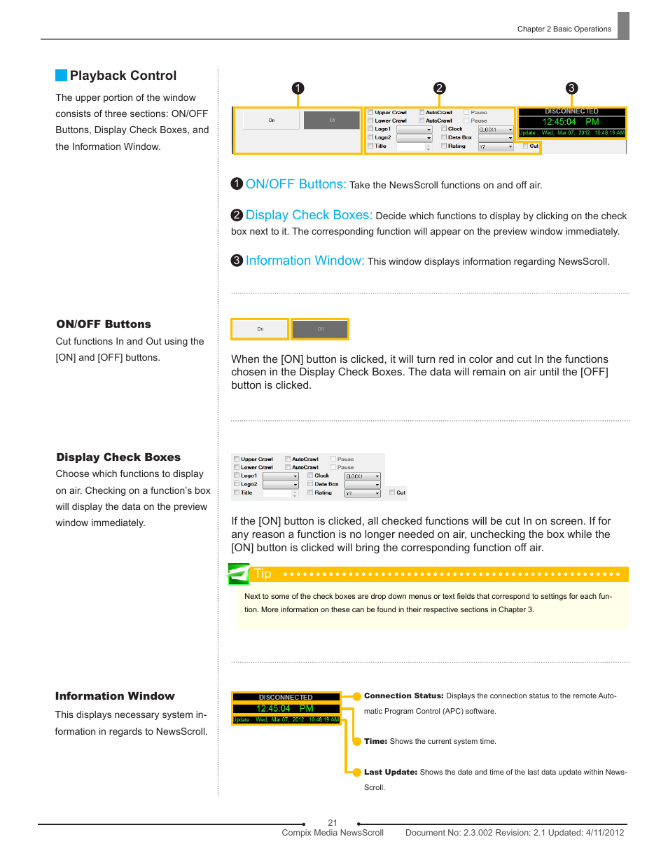 Playback control, On/off buttons, Display check boxes | Information window | Compix NewsScroll 4.1 User Manual | Page 21 / 56