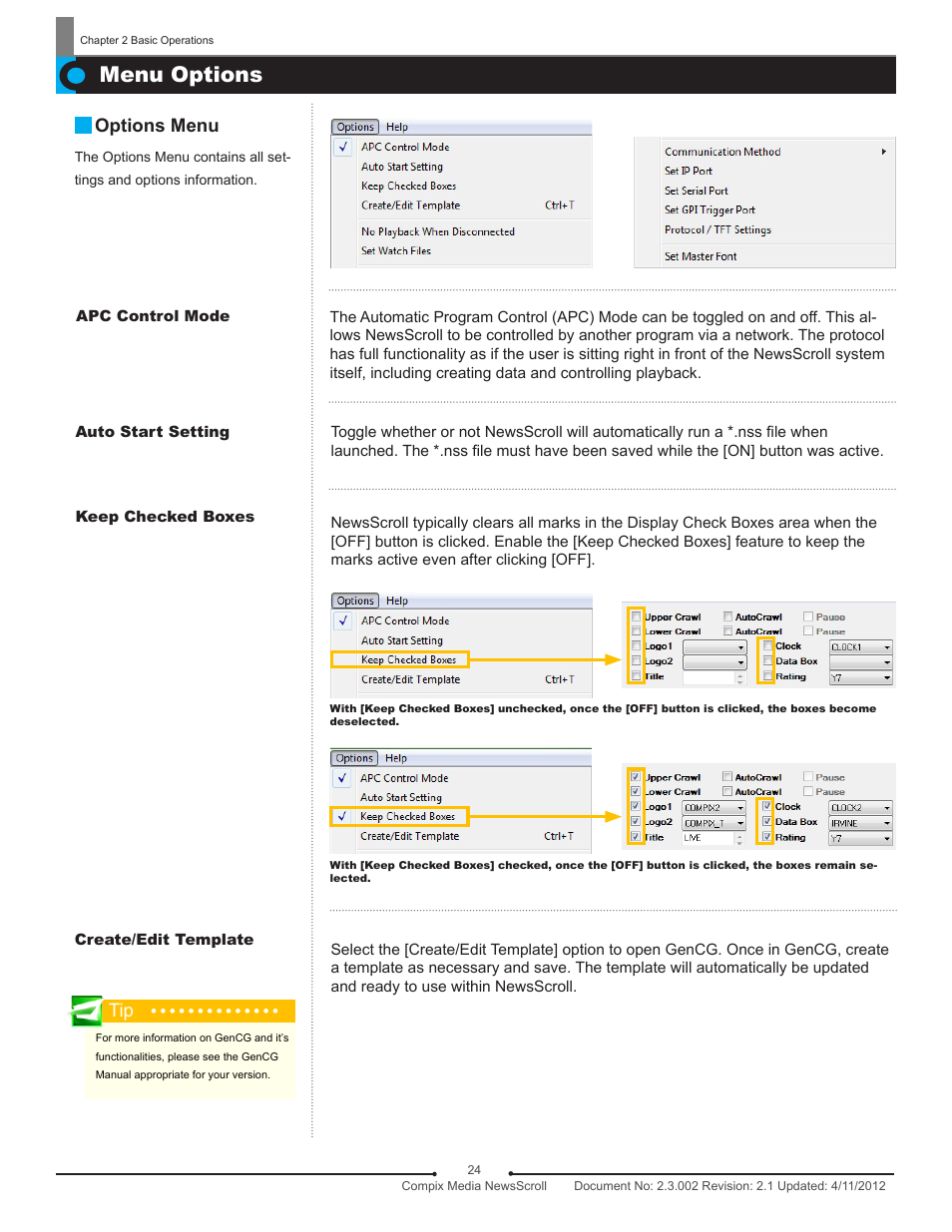 Menu options, Options menu | Compix NewsScroll 4.1 User Manual | Page 24 / 56