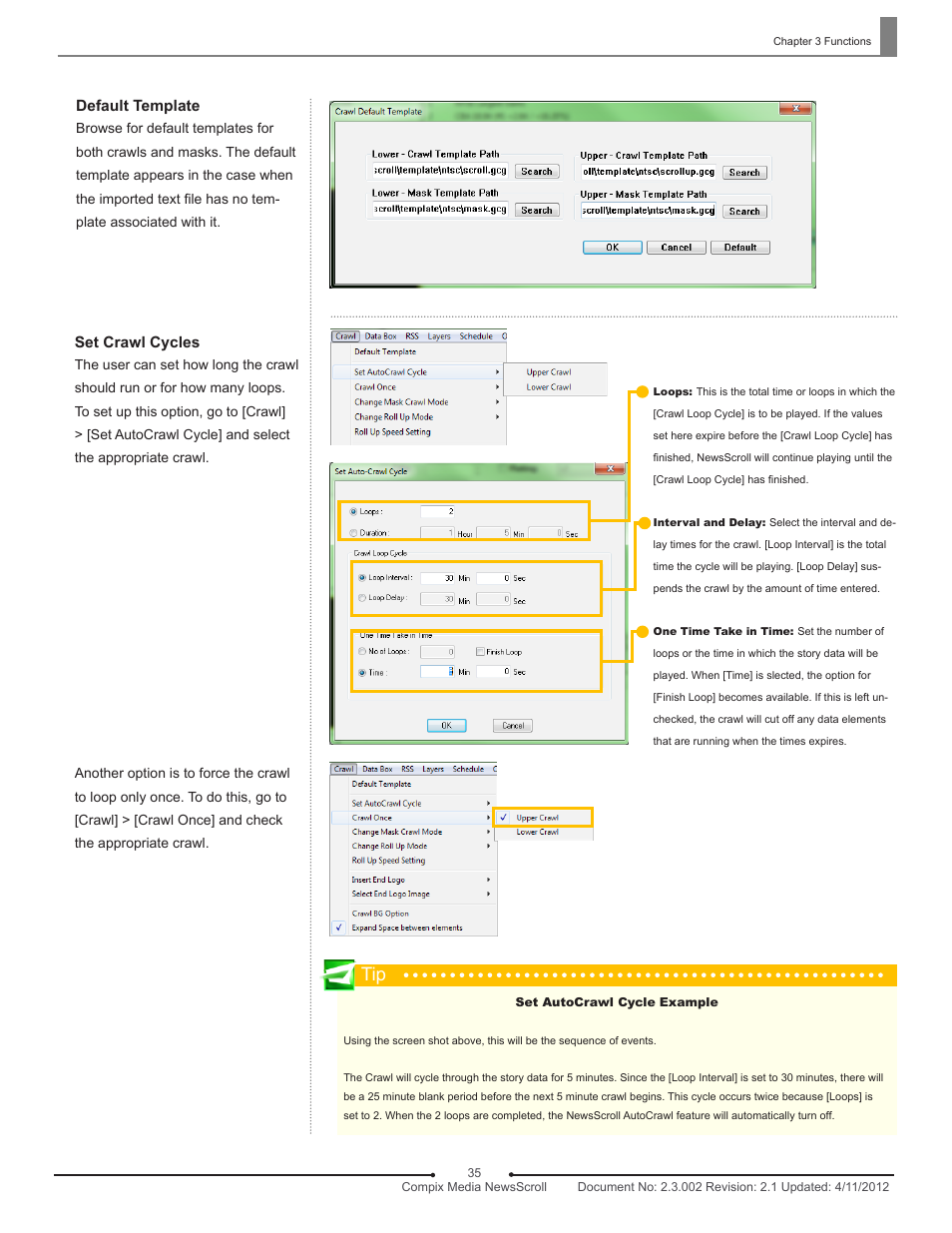 Default template, Set crawl cycles | Compix NewsScroll 4.1 User Manual | Page 35 / 56