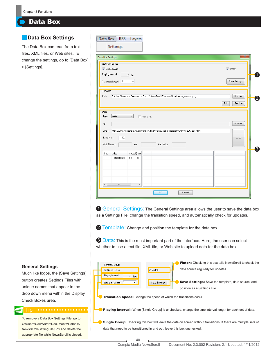 Data box, Data box settings, General settings | Template, Data | Compix NewsScroll 4.1 User Manual | Page 40 / 56