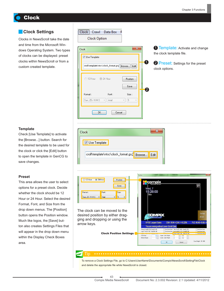 Clock, Clock settings, Template | Preset | Compix NewsScroll 4.1 User Manual | Page 43 / 56