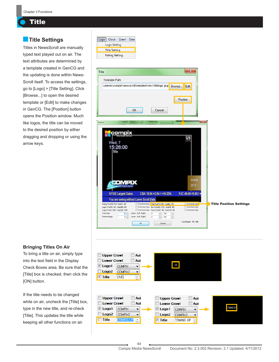 Title, Title settings | Compix NewsScroll 4.1 User Manual | Page 44 / 56