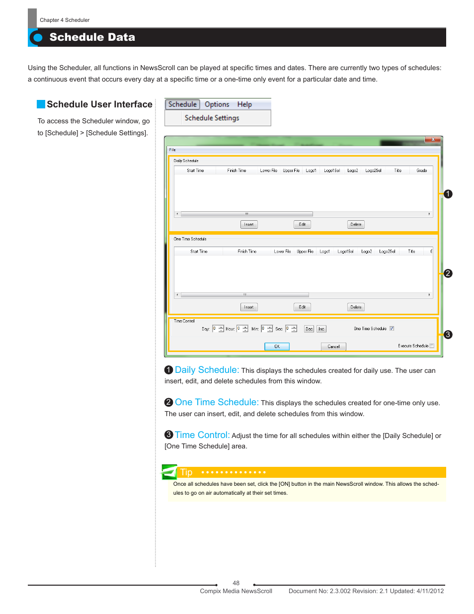 Schedule data | Compix NewsScroll 4.1 User Manual | Page 48 / 56