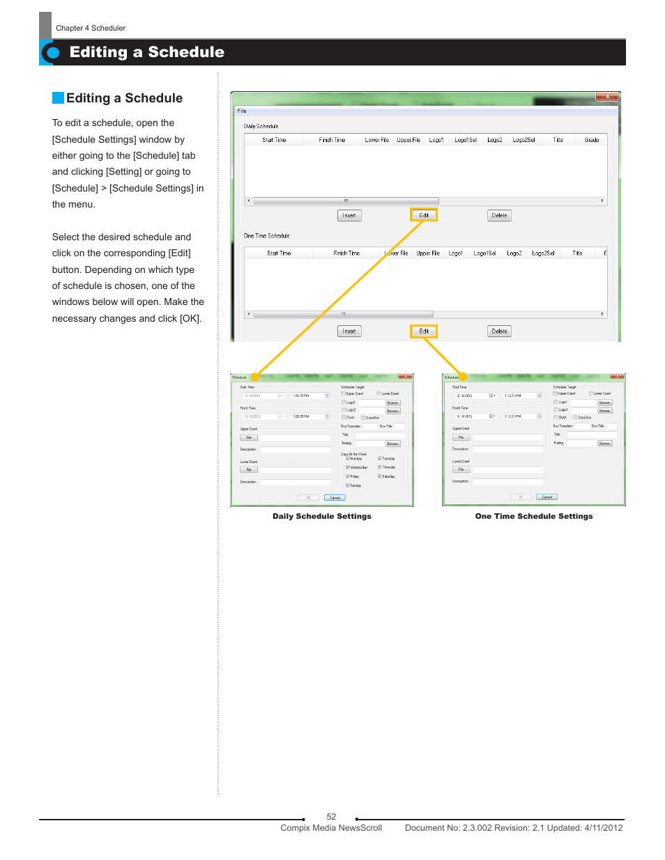 Editing a schedule | Compix NewsScroll 4.1 User Manual | Page 52 / 56