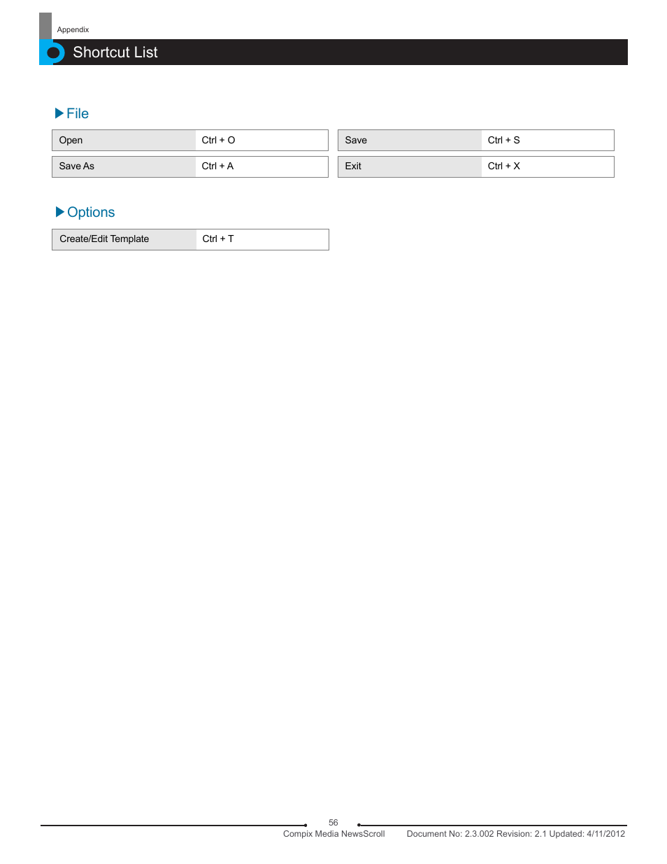 Shortcut list, Options, File | Compix NewsScroll 4.1 User Manual | Page 56 / 56