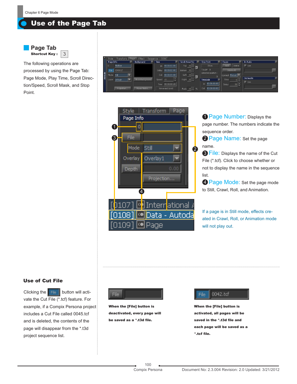 Use of the page tab, Page tab, Page number | Page name, File, Page mode | Compix Persona User Manual | Page 100 / 209