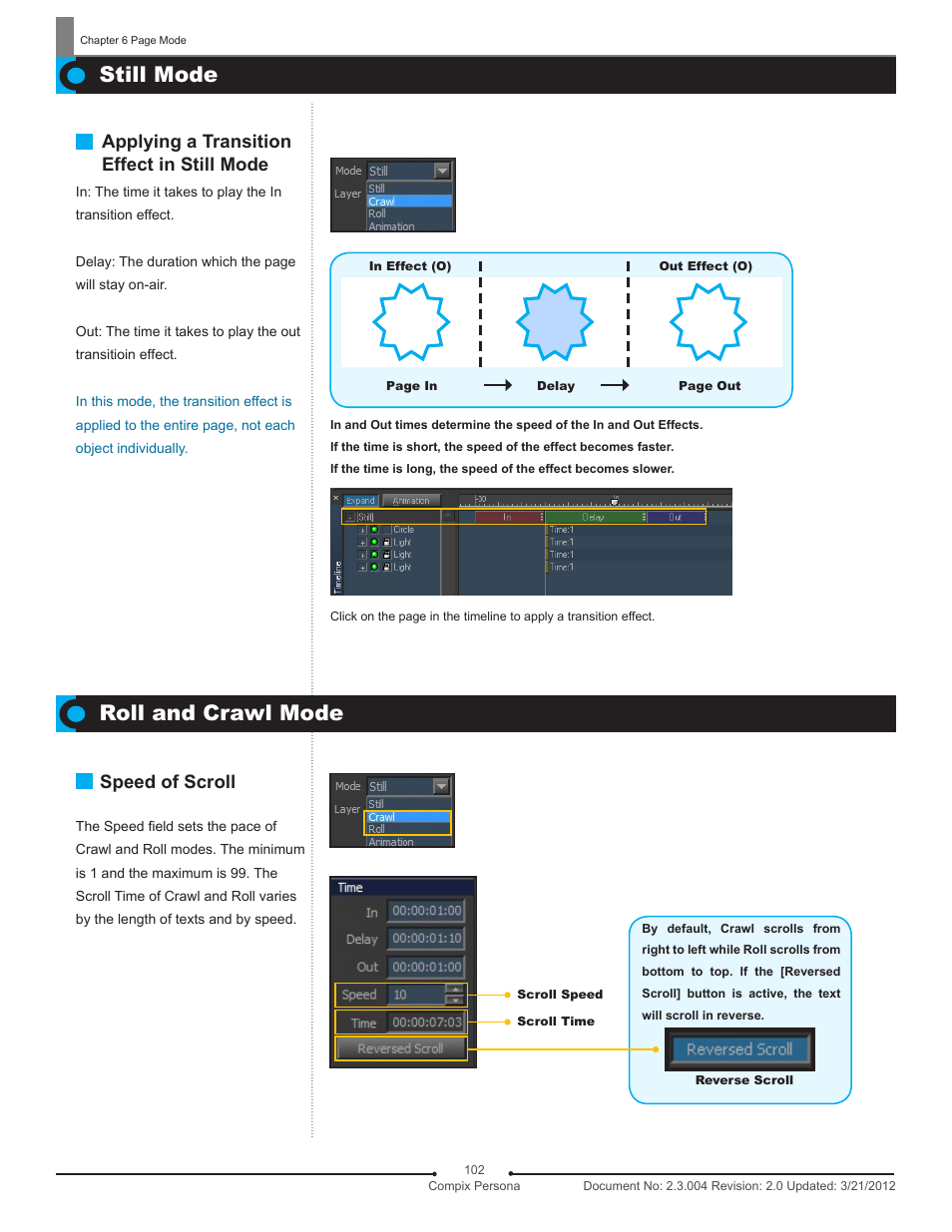 Still mode, Roll and crawl mode, Still mode roll and crawl mode | Compix Persona User Manual | Page 102 / 209