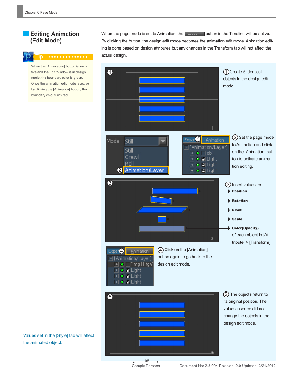 Editing animation (edit mode) | Compix Persona User Manual | Page 108 / 209