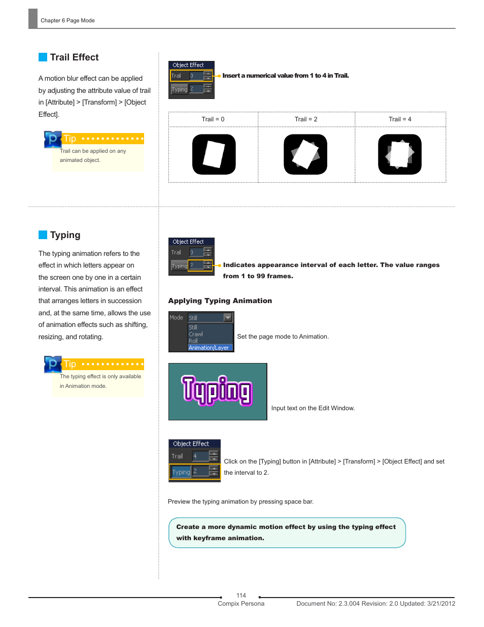 Trail effect, Typing | Compix Persona User Manual | Page 114 / 209