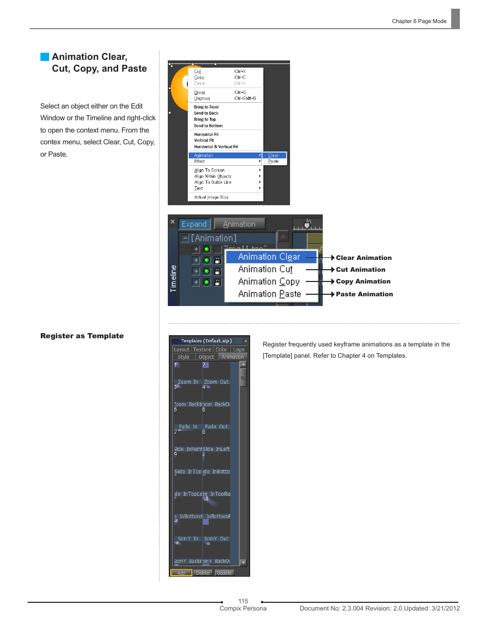 Animation clear, cut, copy, and paste | Compix Persona User Manual | Page 115 / 209