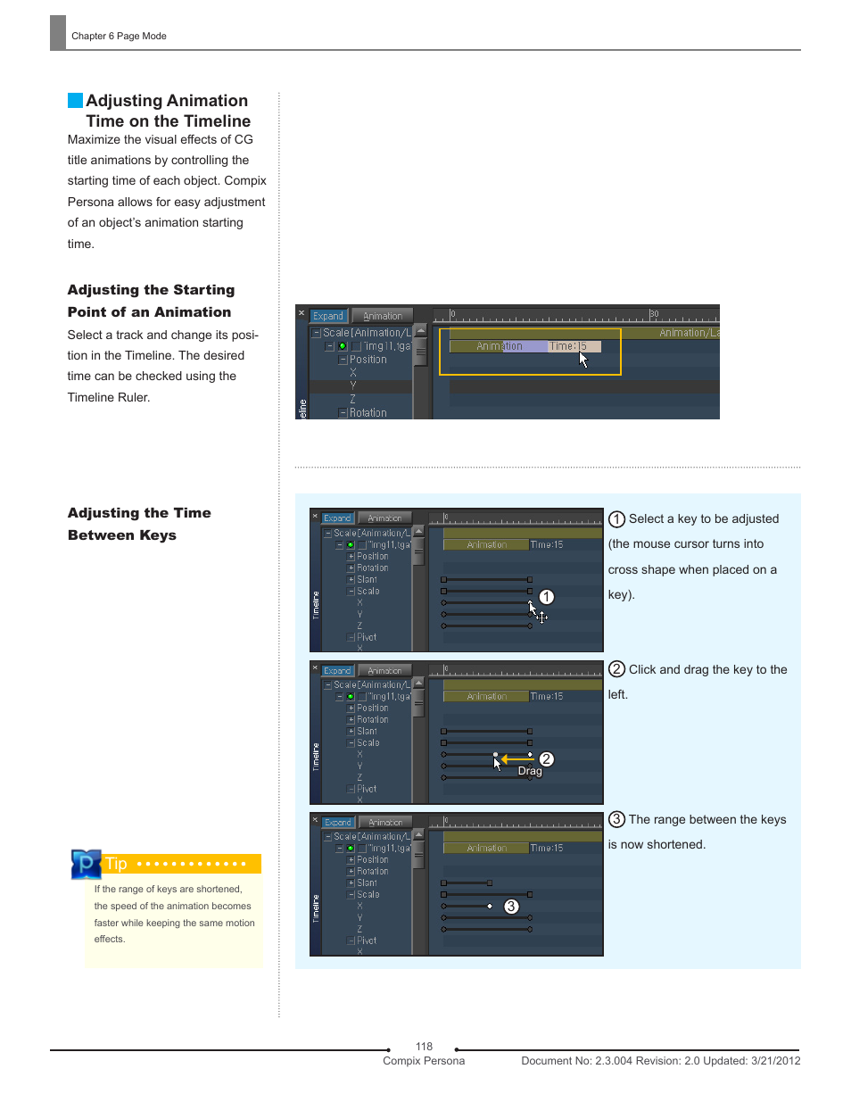 Adjusting animation time on the timeline | Compix Persona User Manual | Page 118 / 209