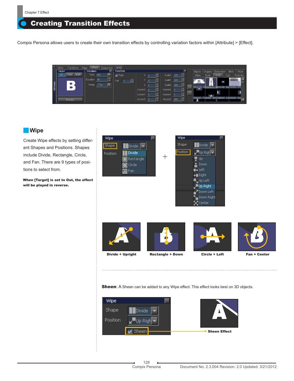 Creating transition effects, Wipe | Compix Persona User Manual | Page 128 / 209
