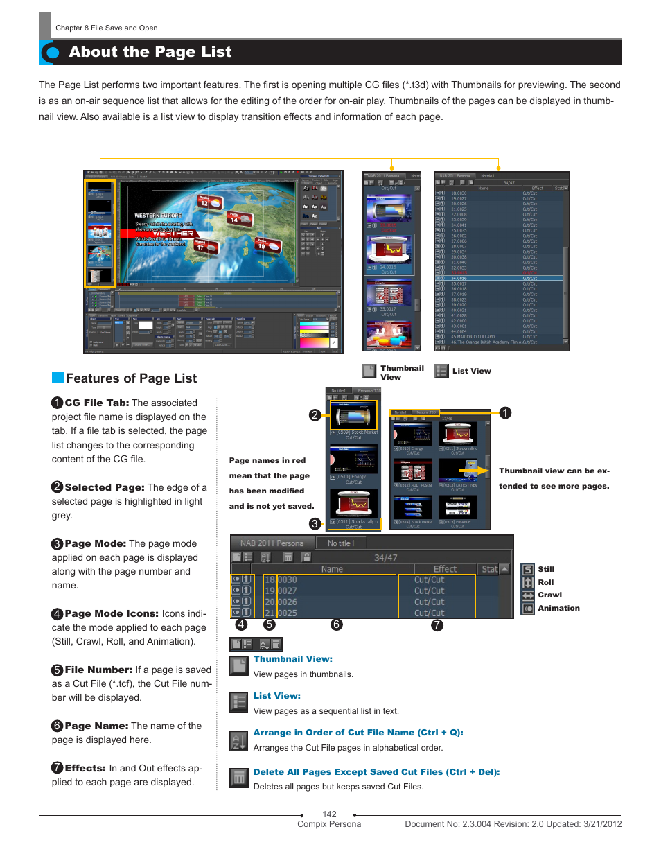 About the page list, Features of page list | Compix Persona User Manual | Page 142 / 209