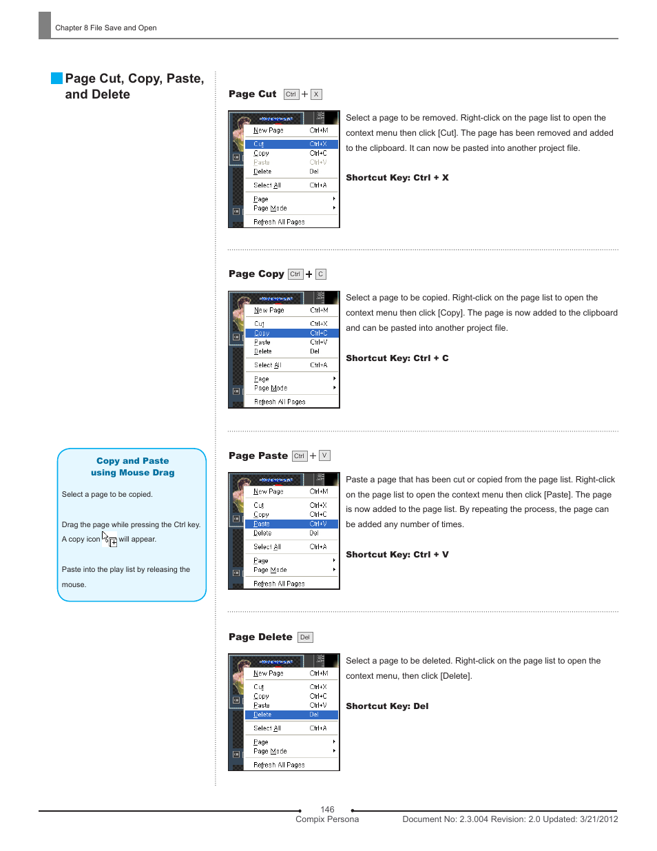 Page cut, copy, paste, and delete | Compix Persona User Manual | Page 146 / 209